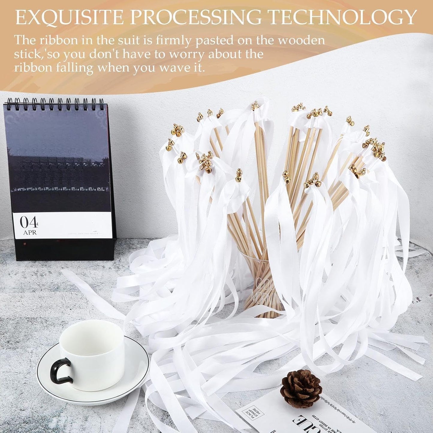 Boao 40 Pieces Mixed Color Ribbon Sticks with Bell, Ribbon Sticks for Stick Party, Streamers for Wedding Birthday Party Celebration Baby Shower Favors(White)