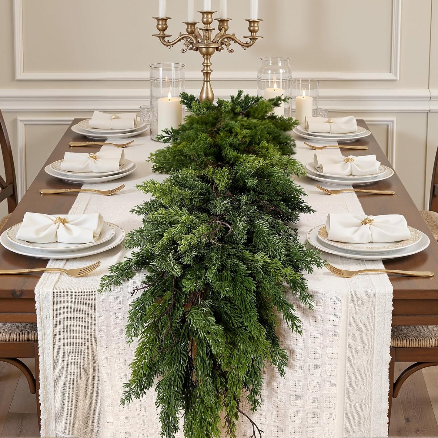 2PCS 9FT Artificial Christmas Garland, Cedar Garland -Real Touch Greenery Cypress Pine Garland for Mantle Table Railing Fireplace Indoor & Outdoor Christmas Decorations