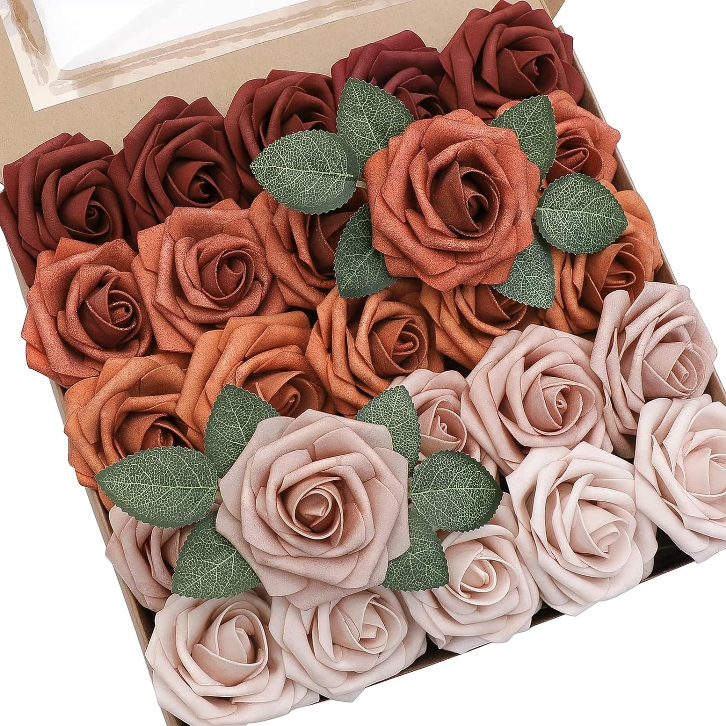 Floroom Artificial Flowers 25pcs Real Looking Terracotta Ombre Colors Foam Fake Roses with Stems for DIY Wedding Bouquets Bridal Shower Floral Centerpieces Party Tables Home Decorations