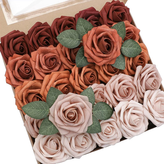 Floroom Artificial Flowers 25pcs Real Looking Terracotta Ombre Colors Foam Fake Roses with Stems for DIY Wedding Bouquets Bridal Shower Floral Centerpieces Party Tables Home Decorations