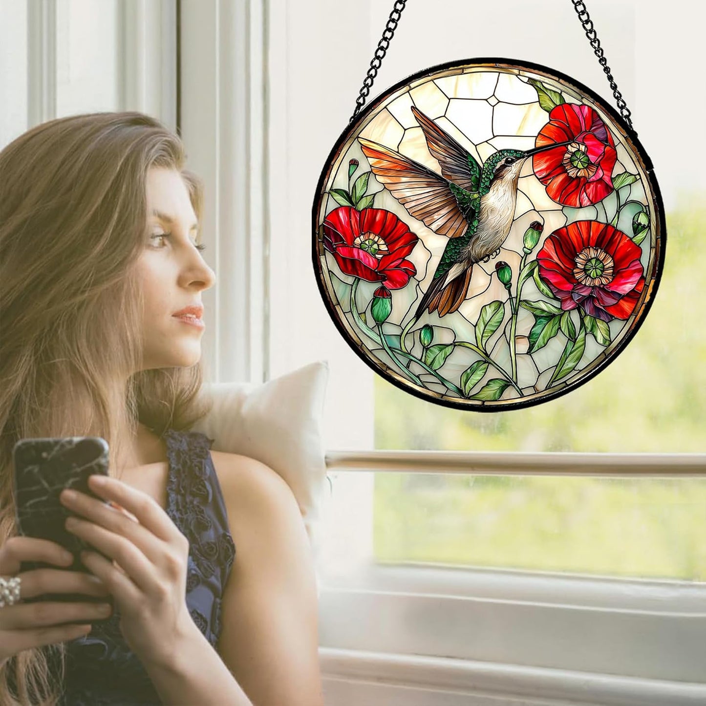 Stained Glass Window Hanging - Green Hummingbird Red Flower Suncatcher for Door Terrace Garden Home Decor Bird Landscape Sun Catcher Birthday Gifts for Lovers Women Men Dad Mom Nana 7.8 in