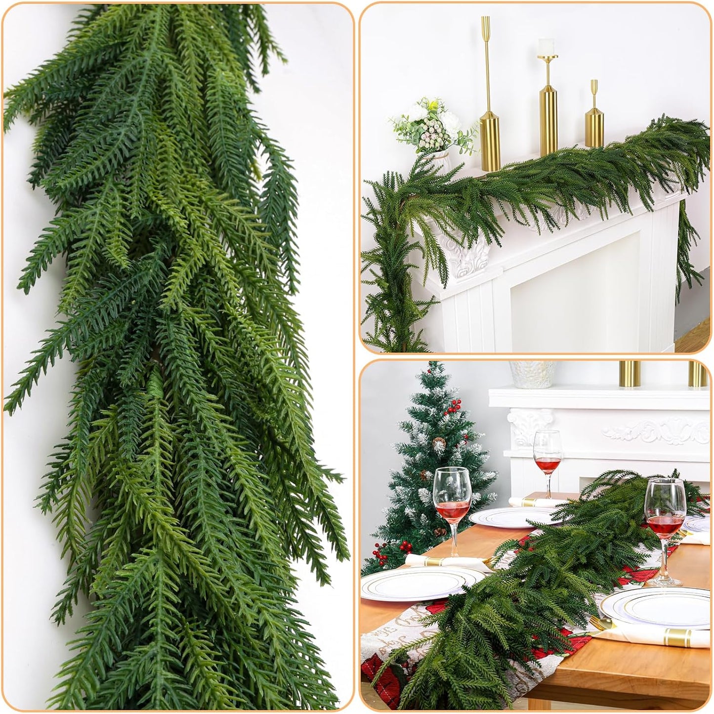 3 Pcs Artificial Norfolk Pine Garlands Christmas, 6 FT Dense Real Touch Winter Pine Garland Ornament, Green Artificial Greenery Garland for Table, Mantle, Wall, Indoor, Outdoor Christmas Decorations