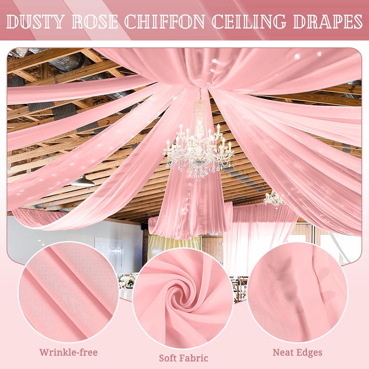 6 Panels Dusty Rose Ceiling Drapes for Wedding 5ftx20ft Chiffon Fabric Arch Draping Curtains Sheer Drapery for Party Ceremony Birthday Baby Shower Reception Stage Swag Ceiling Decorations