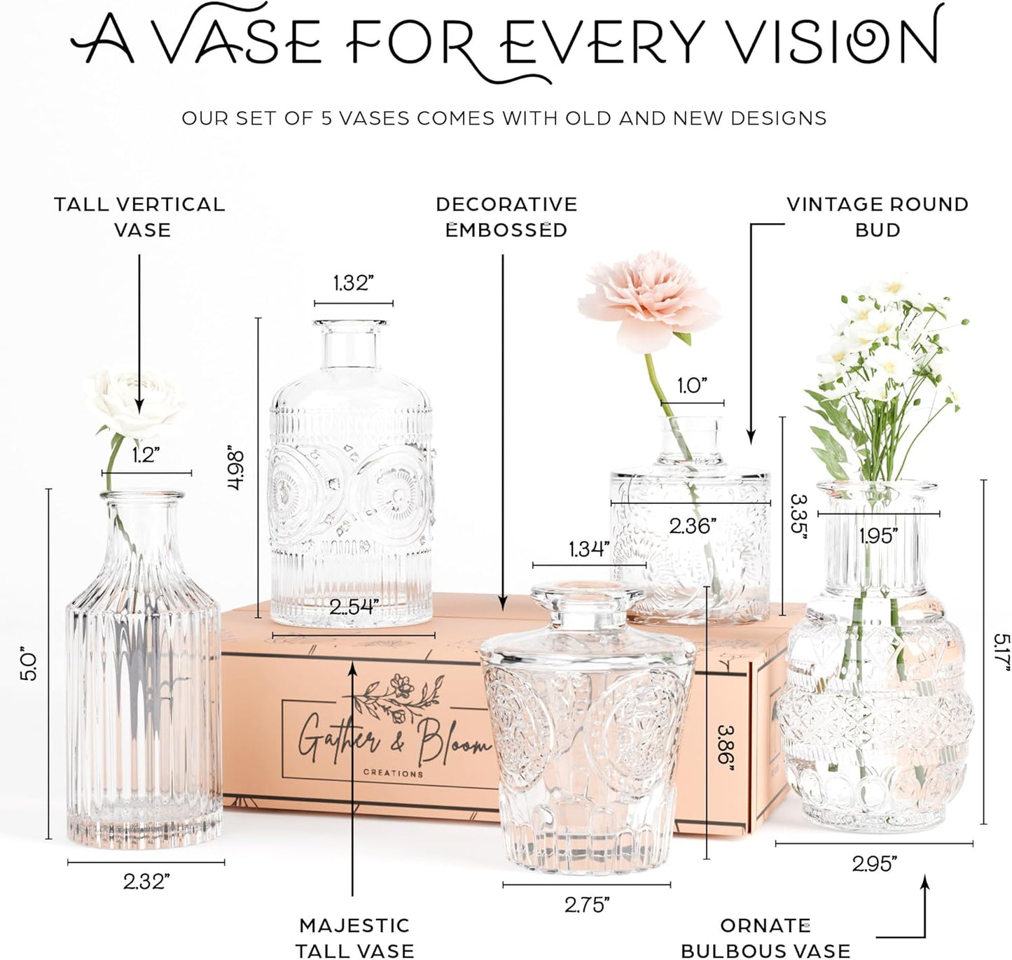 Gather & Bloom Creations 5 Piece Mini Bud Vase Set – Clear Glass Small Vases in Unique Shapes & Sizes for Flowers, Fairy Lights, Wedding Table Centerpieces, Vintage-Inspired Home Décor