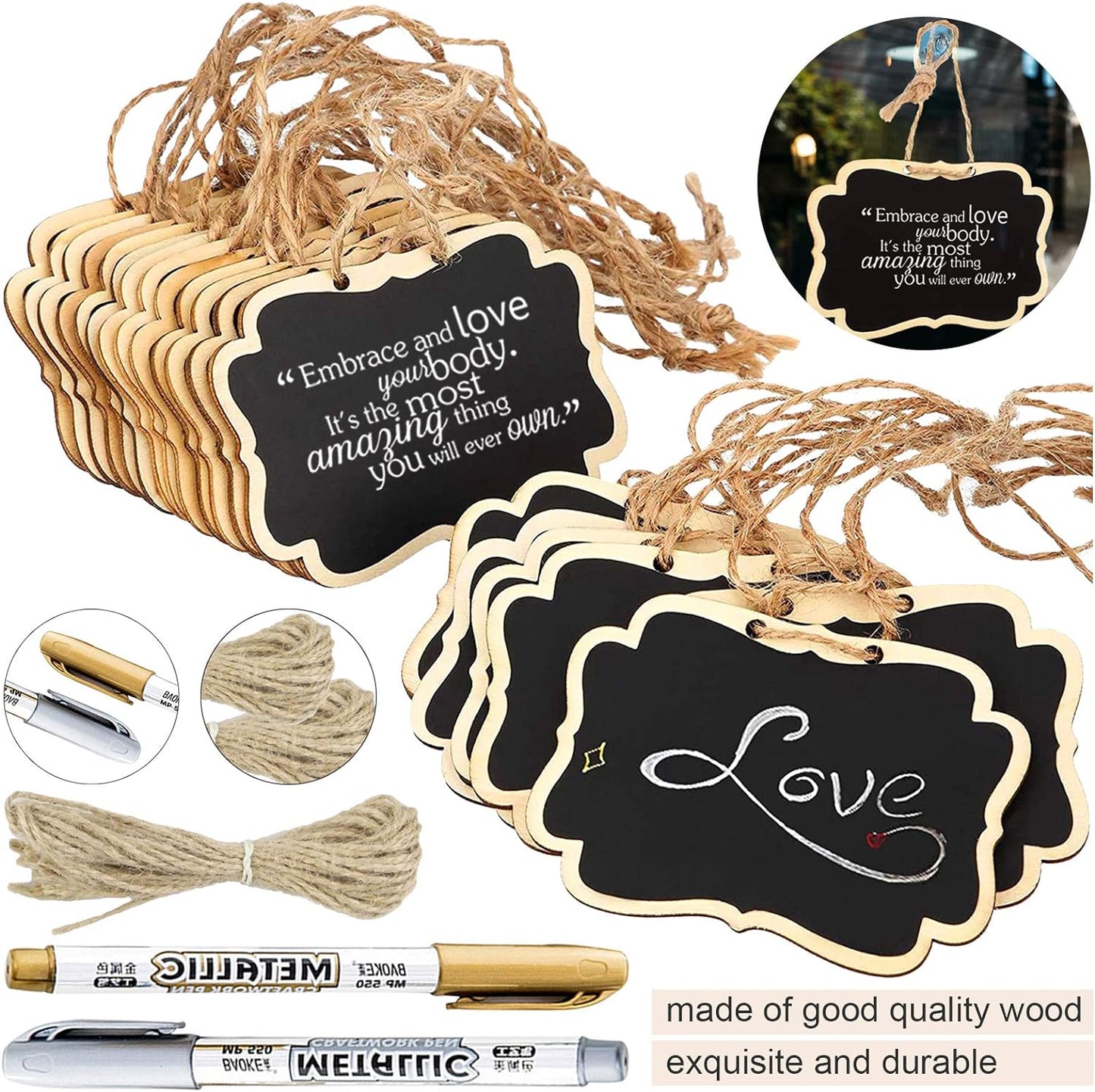 24PCS Reusable Chalkboard Tags with String, ULENDIS 2.36x3.35 Inch Wooden Chalkboards Signs with Gold and Silver Markers, Double-Sided Blackboard for Message Board Signs, Hanging Chalkboard Labels