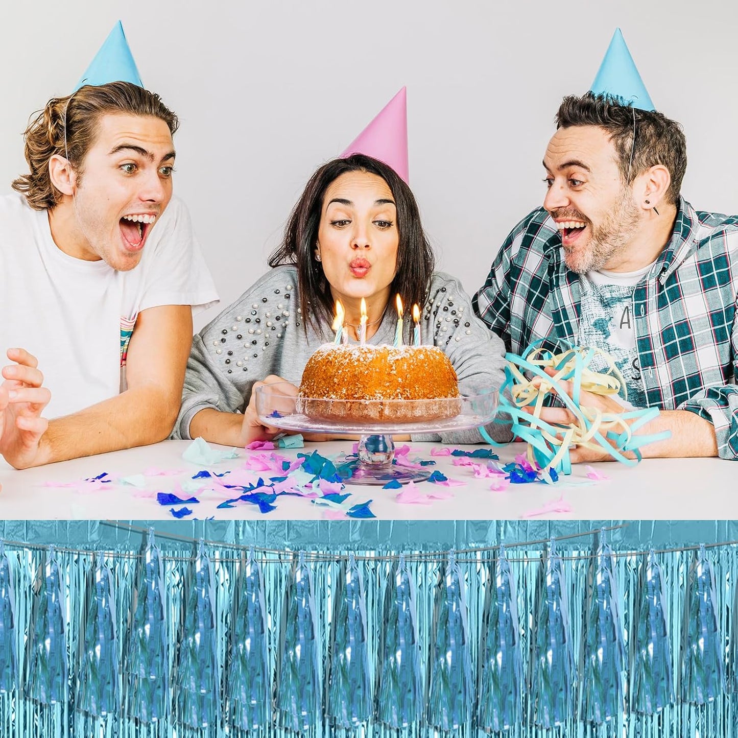 6P Light Blue Foil Fringe Metallic Tassel Streamers Banner Tassel Garland for Parade Floats, Bachelorette, Wedding, Birthday, Graduation, Christmas, Bridal/Baby Shower Party Decorations