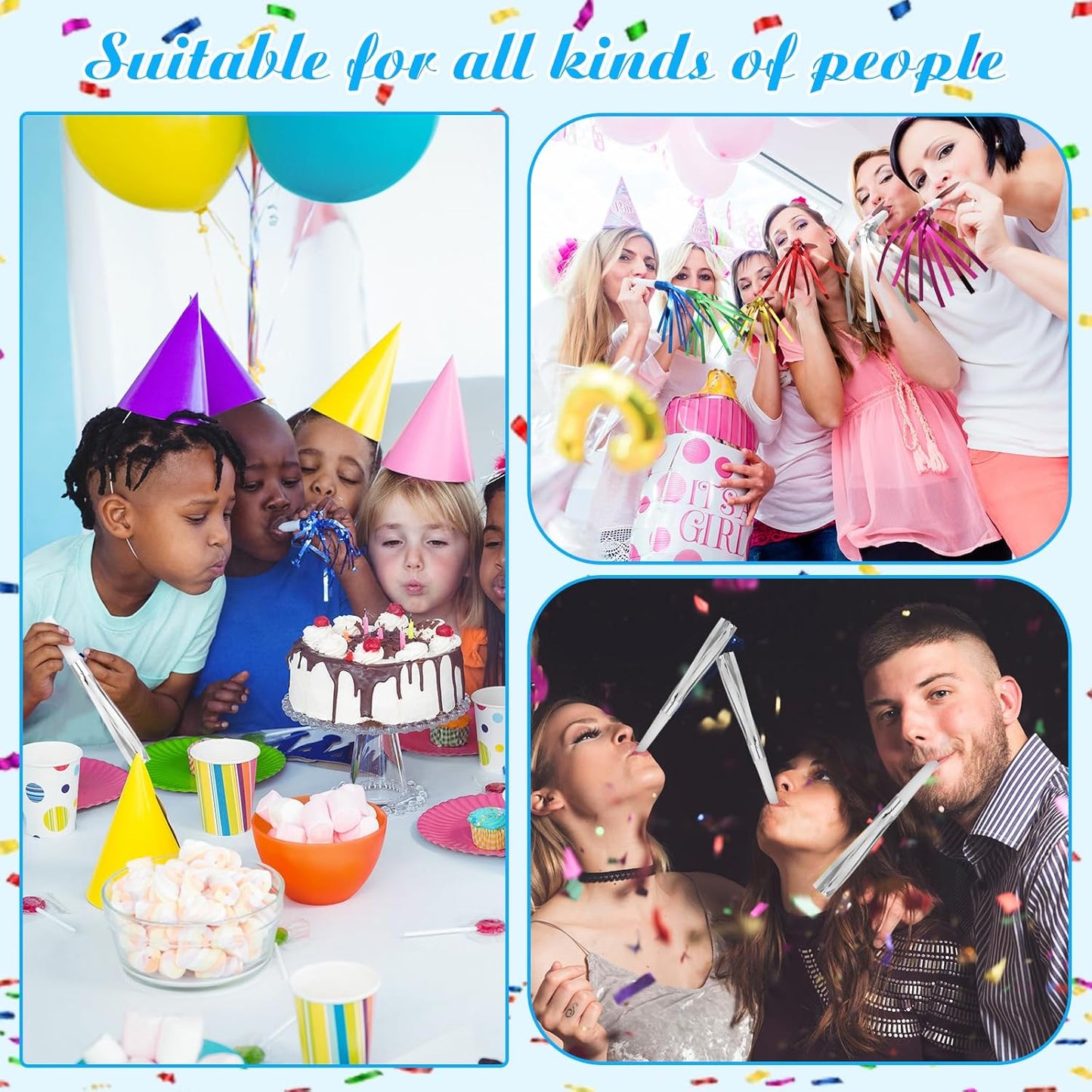 48 Pcs Silver Noise Makers Glitter Metallic Fringed Noise Makers Horns for Baby Shower, Kids Birthday, New Year Party Favor - Silver