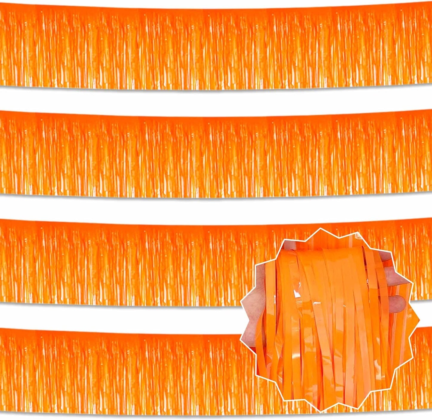 4 Pack 10 Ft Macaron Orange Foil Fringe Garland Metallic Streamers Tinsel Banner Wall Hanging Garland Backdrop for Parade Floats, Halloween, Christmas, Thanksgiving, New Year Party Decorations