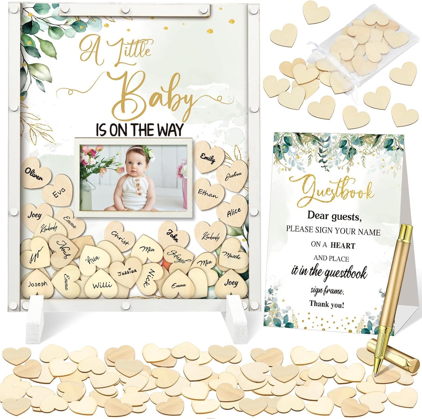 65 Pcs Greenery Baby Shower Guest Book Alternatives He or She Gender Reveal Decorations Sign in Guest Book with Picture Frame and 60 Wooden Chip a Little Baby is on The Way Decorations