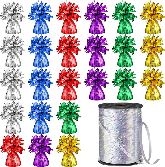 24 Pcs Balloon Weights Metallic Anchor Balloon Holder for Helium Balloons Heavy Table Weights and 1 Roll Iridescent Crimped Ribbon for Birthday Wedding Halloween Christmas Party(Stylish Colors)