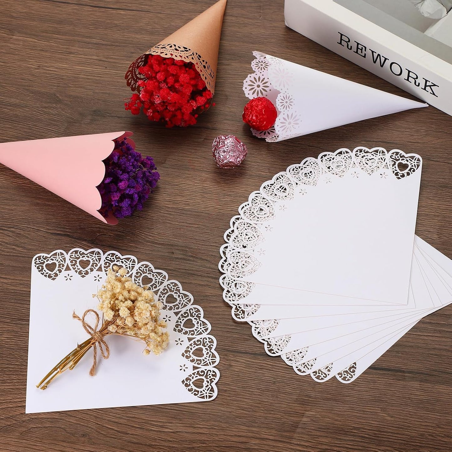 PATIKIL Wedding Confetti Cones, 50 Pcs Paper Tapers Hollow Print Lace Cone Bouquet for Party Candy Gift Boxes Chocolate Bags Buffet Bachelor Party Petals, Light Blue