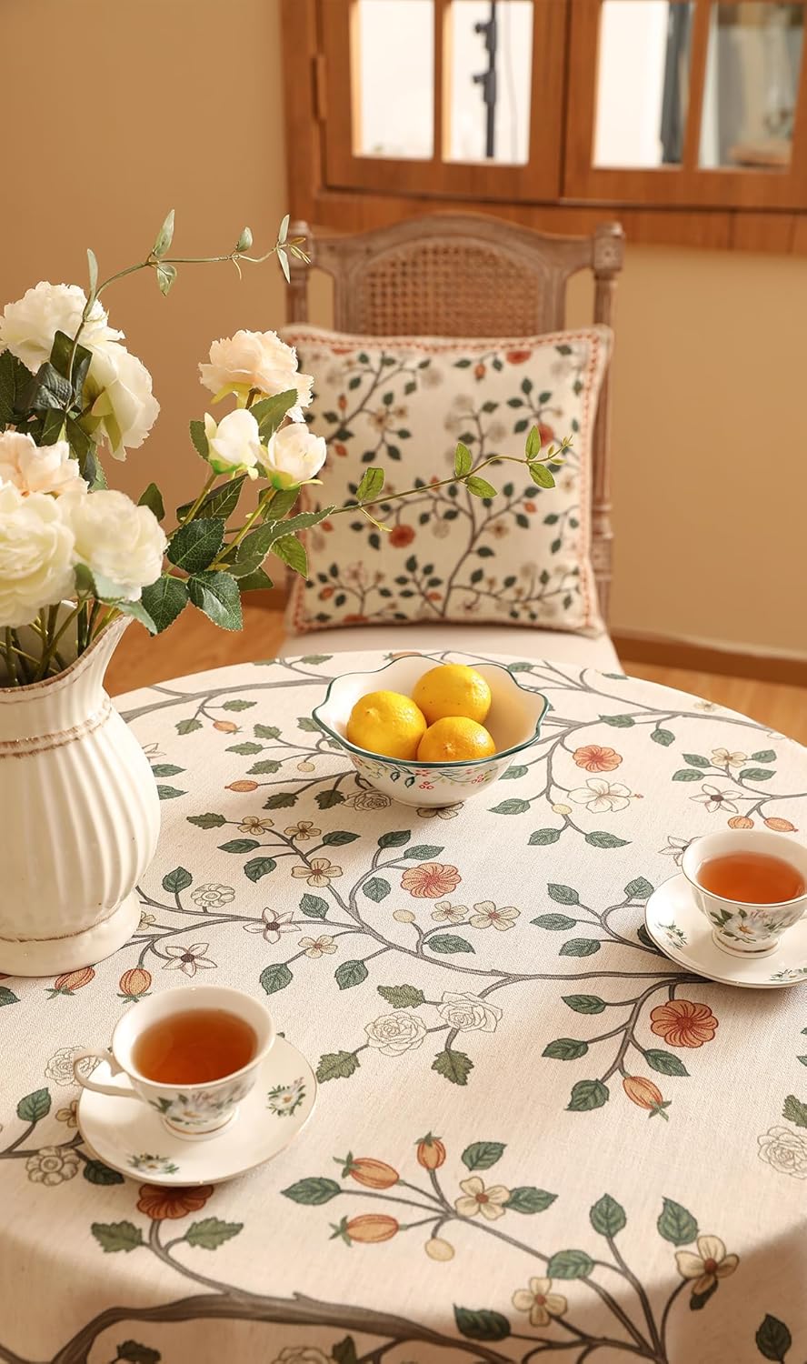 ISAENNE Designer Floral Small Round Tablecloth,French Linen Light Beige Indoor Table Cloth,Fall Wrinkle Resistant Decor Tablecloths for Dining Thanksgiving Kitchen Party,Diameter 55"-Flora A