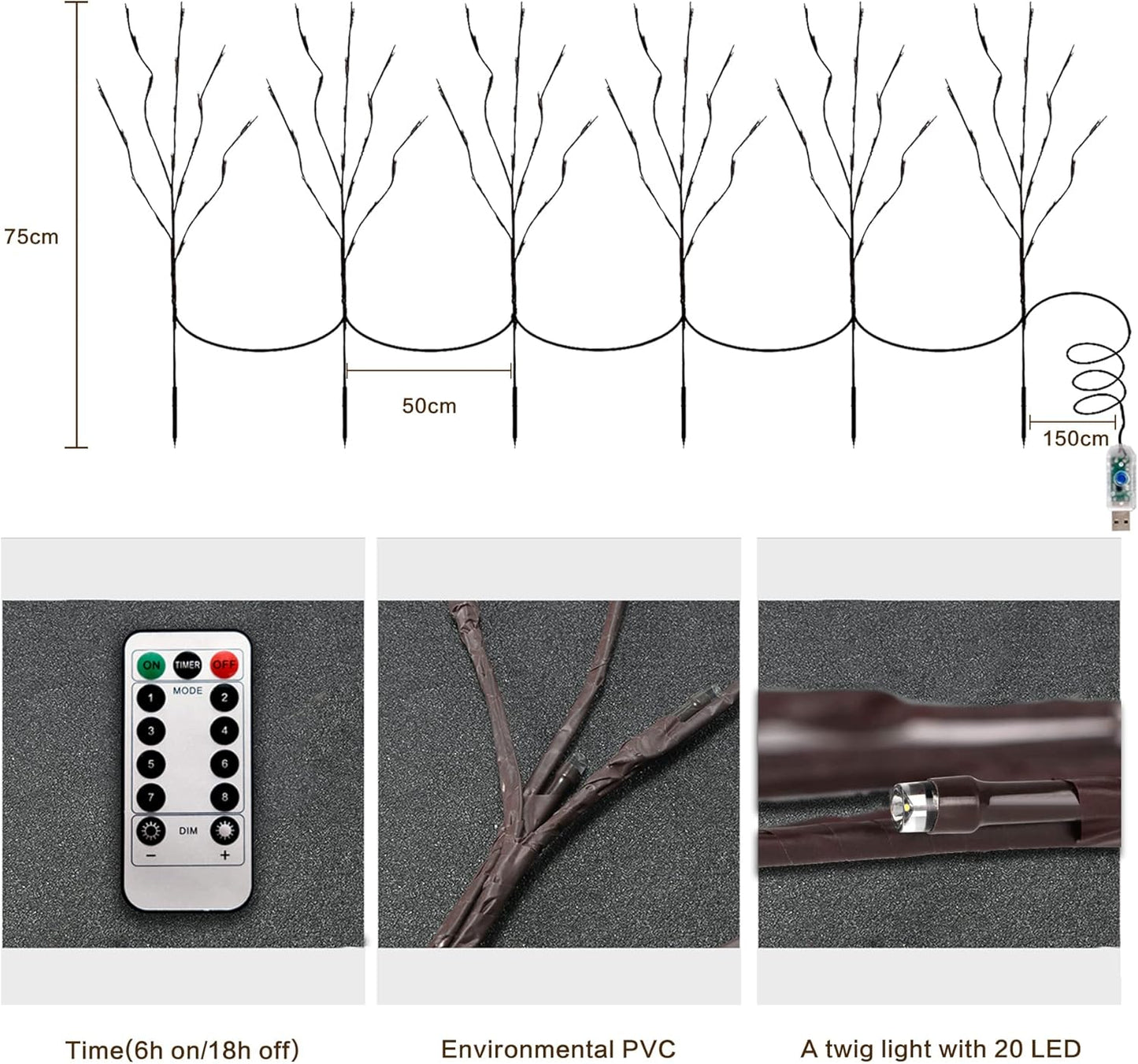MENCH Branch Lights,6 Pcs Twig Light USB&Battery Powered 8 Flashing Modes by Remote Control.Branch Lights for Indoor and Outdoor, Light Up Decorations for Halloween Day and Christmas,Warm White