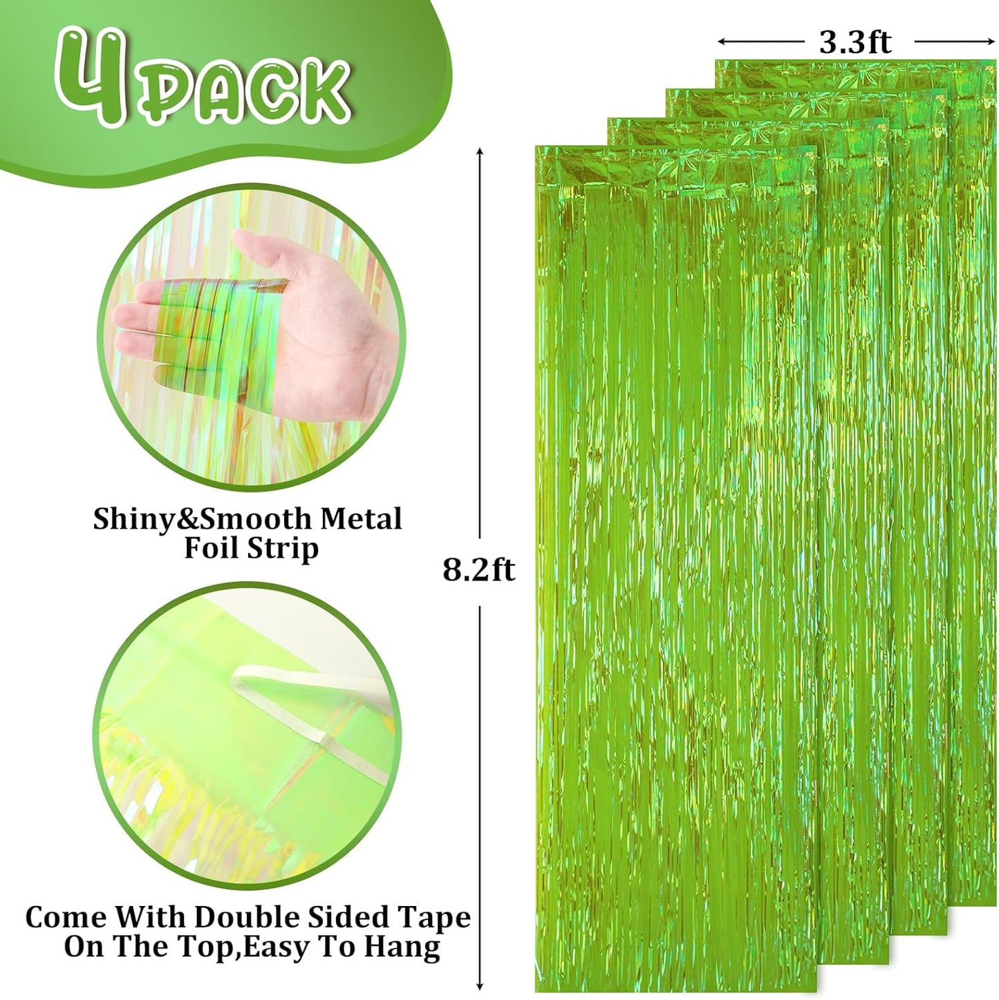 4 Pack 3.3x8.2 Feet Neon Green Foil Fringe Backdrop Curtains, Tinsel Streamers Birthday Party Decorations, Fringe Backdrop for Graduation, Baby Shower, Gender Reveal, Disco Party
