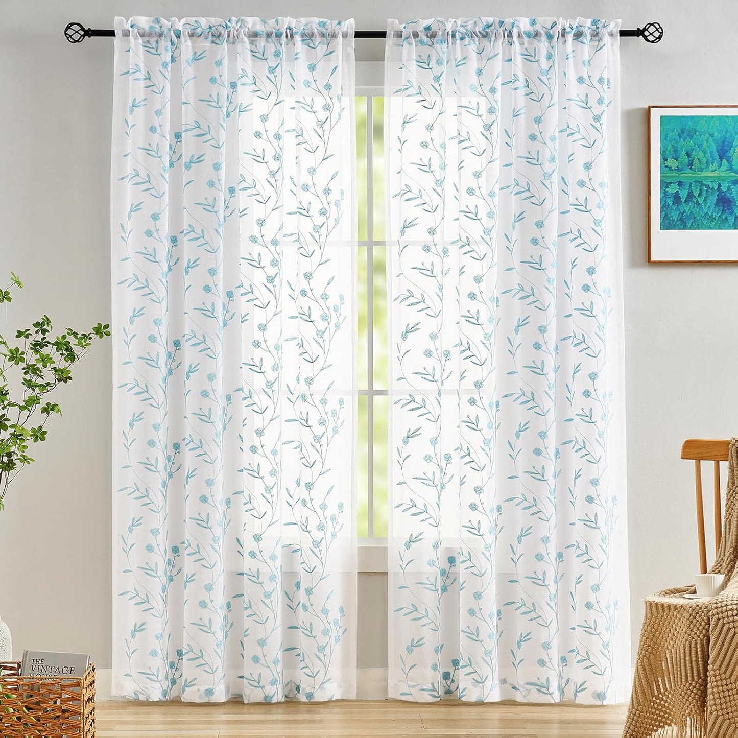 Sheer Curtains Floral Embroidery White-Blue 84 Inch Long Rod Pocket Lace Drapes for Living room, Bedroom, 2 Panels, 52"x84", Semi Voile Pattern Outdoor Window Treatment Sets for Yard, Patio, Parlor.