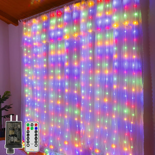Ollny Curtain Lights 300 LED 9.8FT x 9.8FT, Connectable IP67 Waterproof Outdoor Christmas Curtain Lights with Remote, Plug-in Untangle Fairy Lights with 8 Modes&Timers for House Decor(Multicolored)