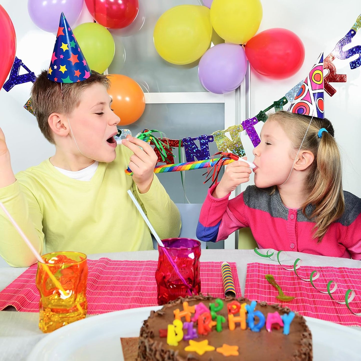 12pcs Glitter Fringed Party Blowers, Colorful Birthday Blow Horns Funny Noise Makers Party Favors Squawker Blowouts for Birthday New Years Graduation