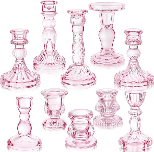 Mumufy 10 Pcs Glass Crystal Taper Candle Holders Clear Glass Candlestick Holder Fit 0.8 Inch Candles Crystal Decorative Candle Stand Centerpiece Table Wedding Dining Party (Classic,Pink)