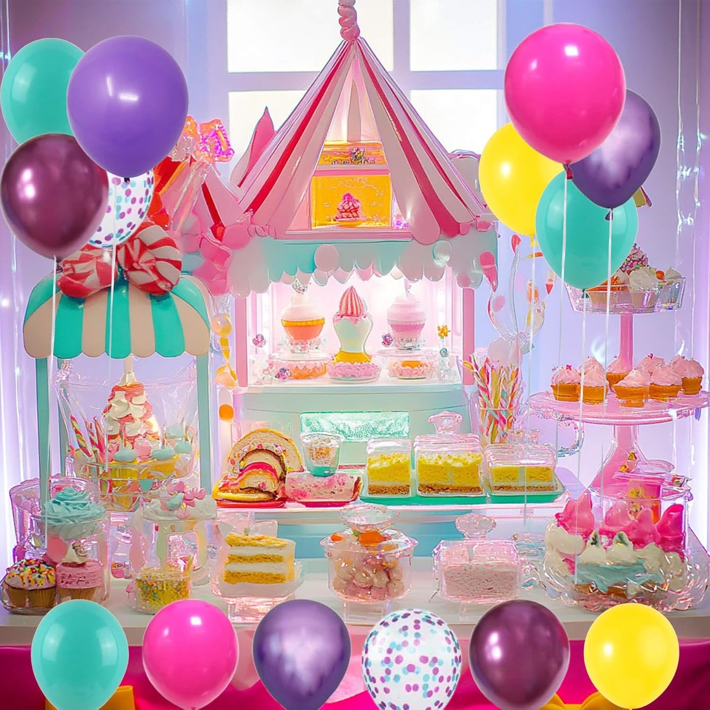 Pink Blue Purple Confetti Balloon for Birthday Party Decorations - 56Pcs 12in Hot Pink Yellow Teal Metallic Purple Multicolor Latex Balloons Bulk with Ribbon for Rainbow Colorful Girls Party Supplies