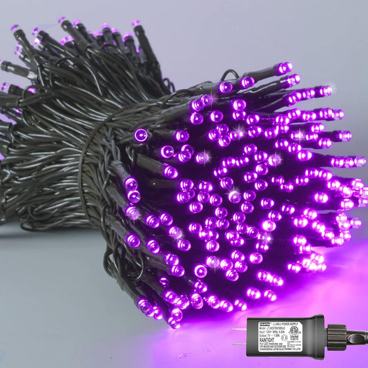 YEGUO 66ft 200 LED Purple Halloween Lights Outdoor Waterproof, Green Wire Christmas String Lights Indoor, 8 Modes Twinkle Tree Lights Plug in with Timer Memory
