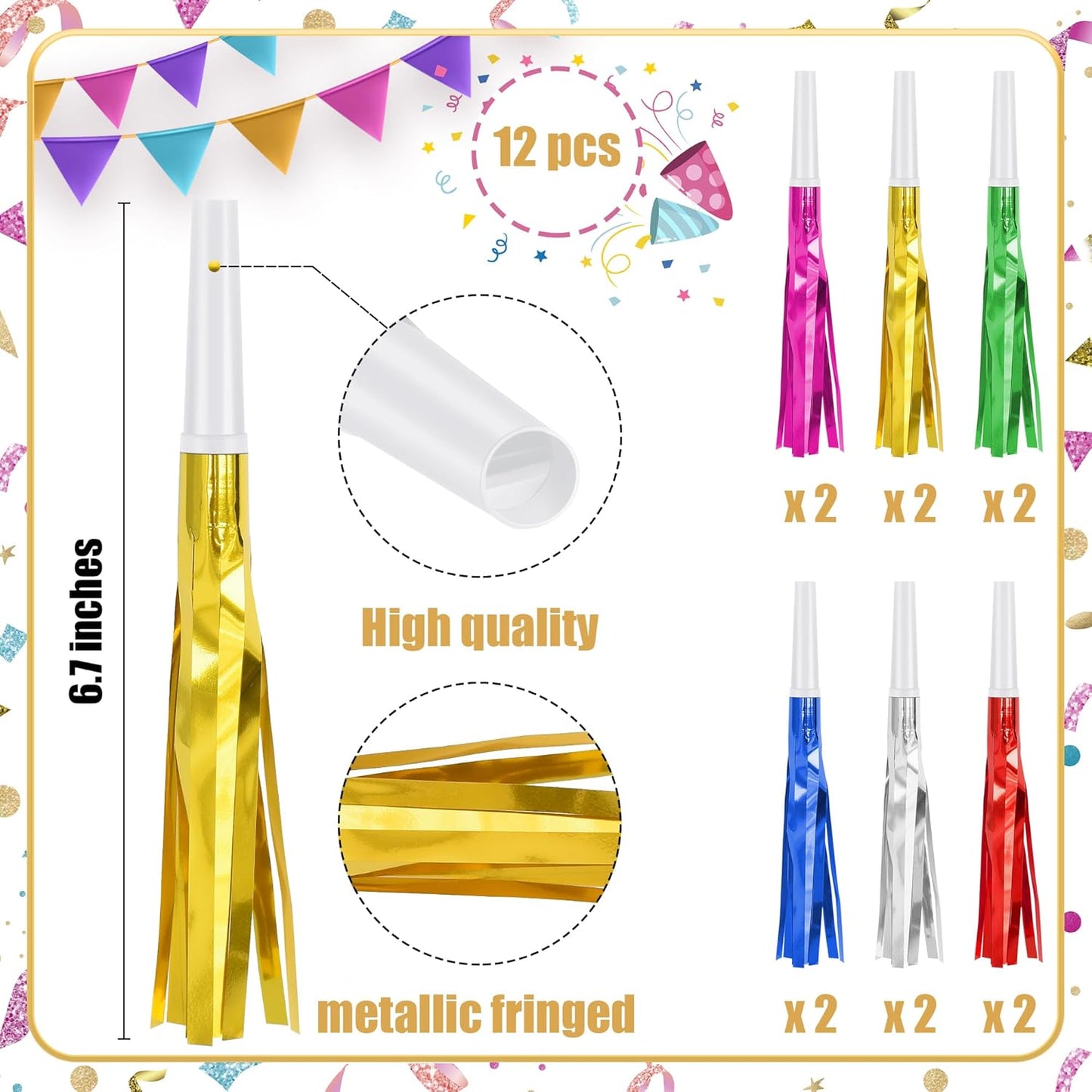 12 Pcs Glitter Noise Makers Metallic Fringed Party Blower for Adults Birthday Graduation New Years Party Favors Supplies (Colorful)