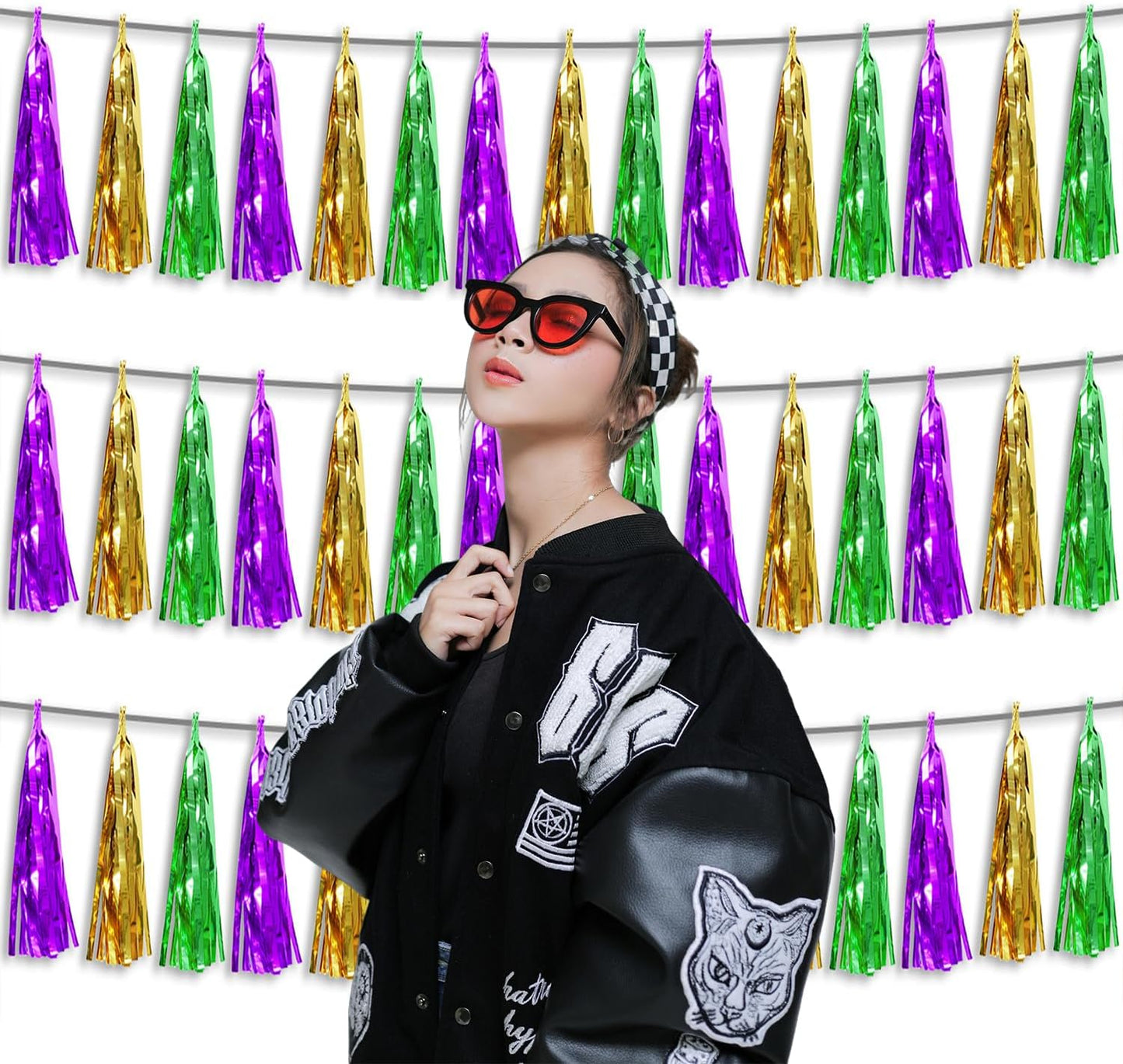 3P Metallic Fringe Tassel Banner Garland Foil Tinsel Streamer Wall Hanging Curtain Backdrop Banner for Parade Floats, Graduation, Carnival Mardi Gras Party Decorations(Gold Green Purple)