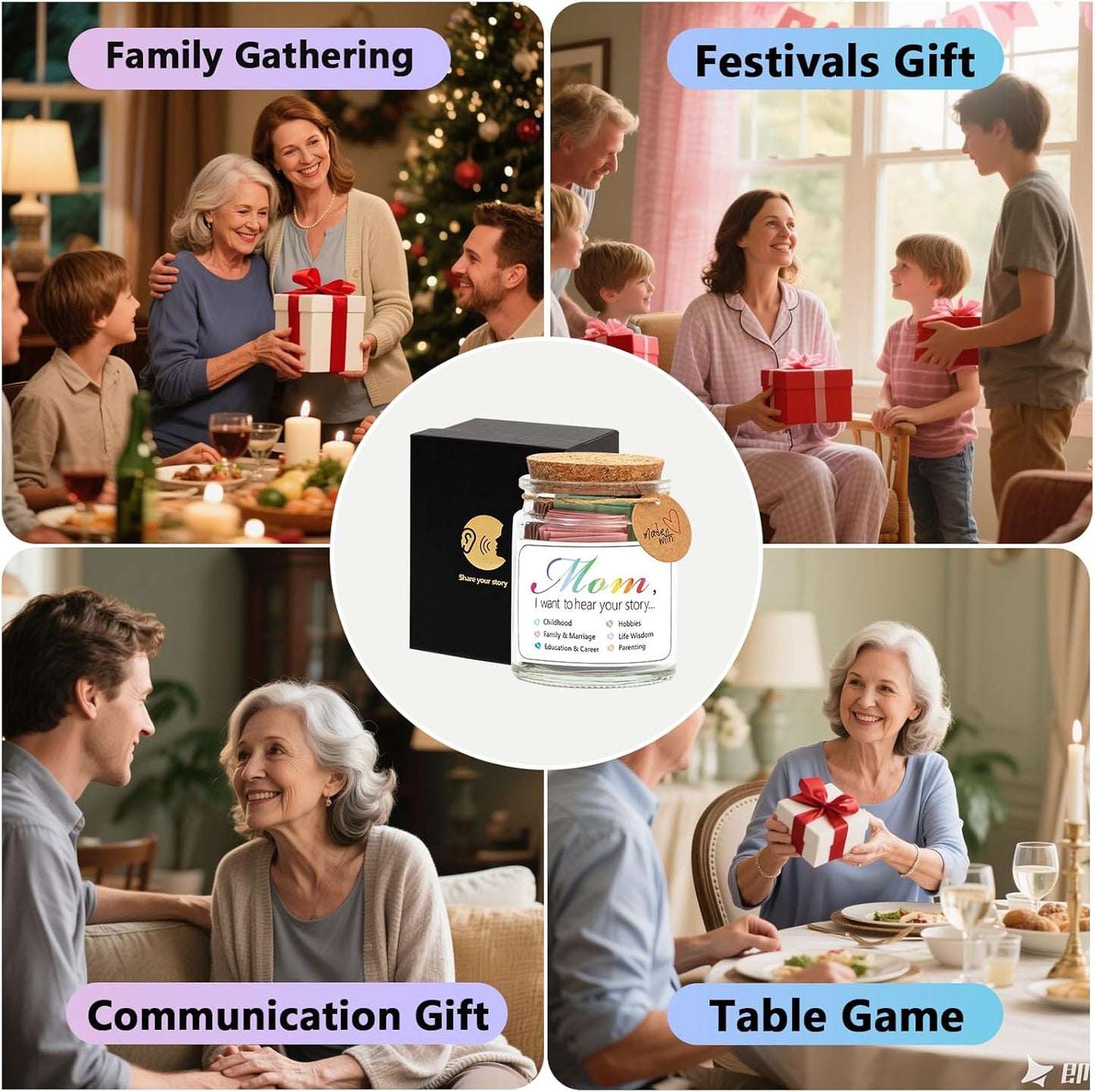 Mom, I Want to Hear Your Story Jar with 90 PCS Cards, Mothers Day Birthday Gifts From Daughter Son, Christmas Mother in Law New Mom Gifts Conversation Cards for Family