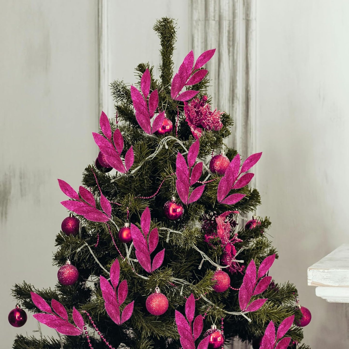 GREENTIME 12 Pack Artificial Rose Red Glitter Leaves 13" Fake Christmas Picks Decorative Glitter Sticks for Vase Christmas Tree DIY Wreath Crafts Fireplace Decor