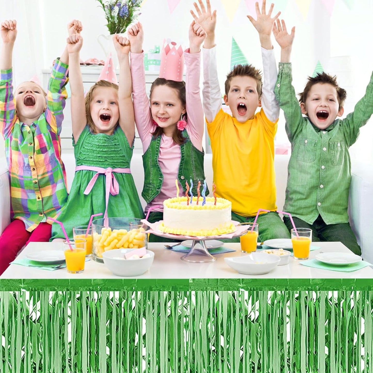 3 Pack 29 x108 Inch Light Green Foil Fringe Table Skirts Metallic Banner for Tinsel Streamer Garland Backdrop for Parade Floats Wedding Thanksgiving Birthday Christmas New Year Party Decoration