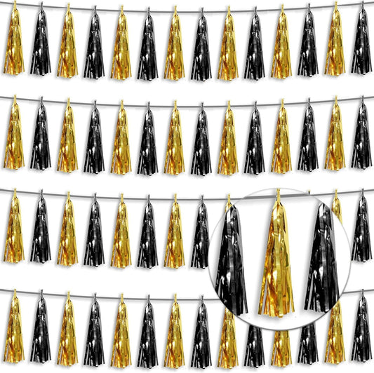 4P Black Gold Foil Fringe Tassel Banner Garland Metallic Tinsel Streamers Wall Hanging Curtain Backdrop Banner for Parade Floats, 2025 Graduation Decorations, Father's Day, New Years Party Decoration