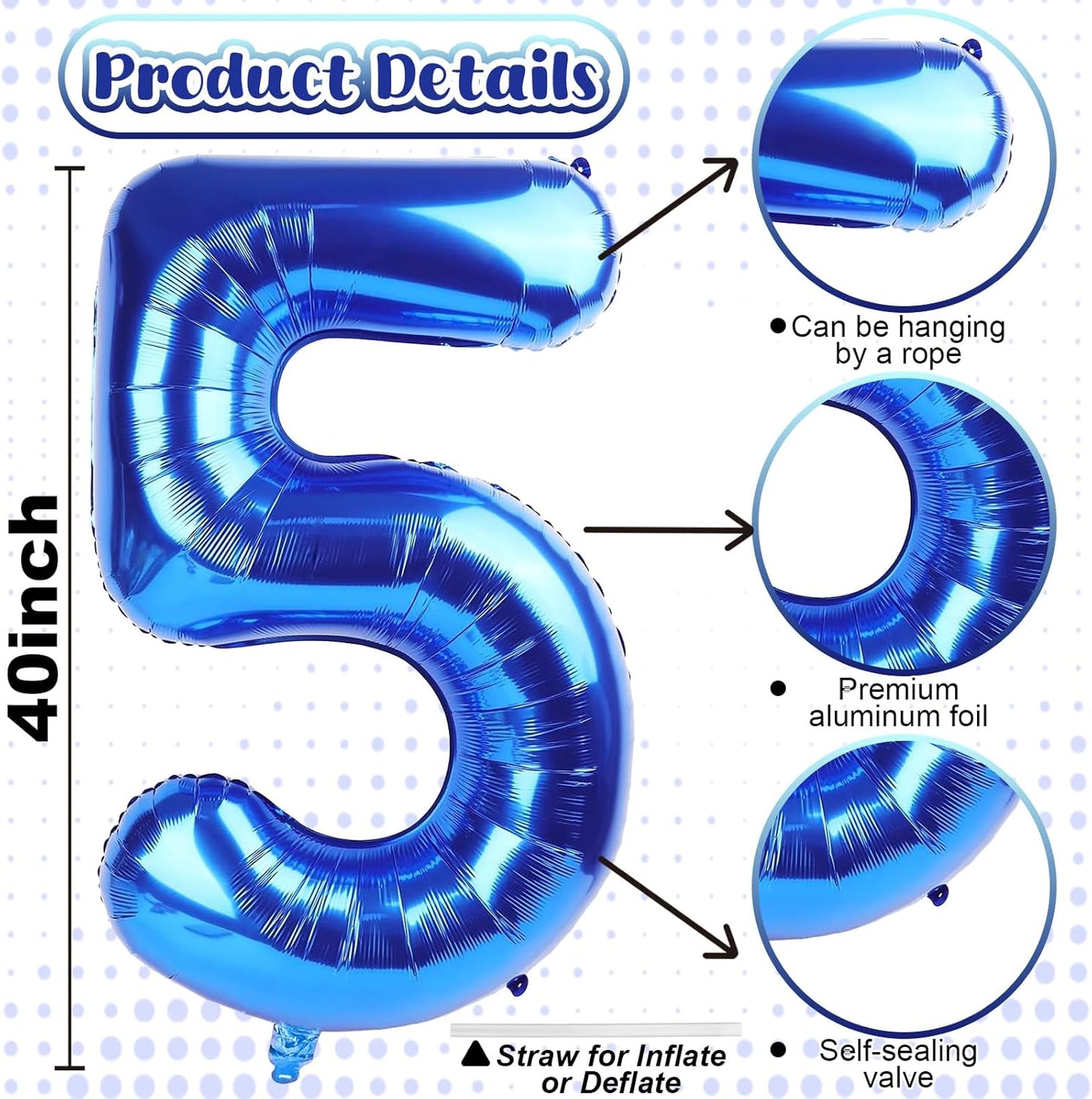 Navy Blue Balloon Number 5, 40 Inch Large Self Inflating Foil Mylar Number Balloons 0-9 for Boys Women, Dark Royal Blue Digital 5 Helium Balloon for Men 5th Birthday Decorations Graduation 2025 Party