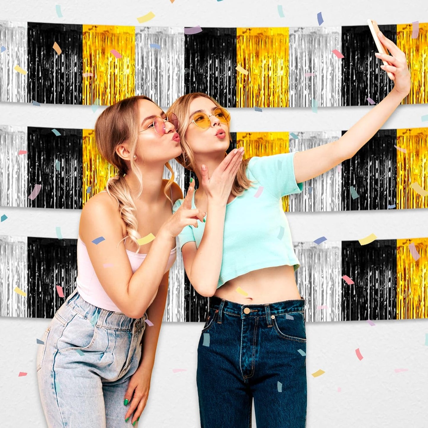 6 Pack 10 Feet Black Gold Silver Foil Fringe Garland Metallic Tinsel Streamers Banner Wall Hanging Curtain Backdrop for Parade Floats, Birthday, Graduate, Mother's Day, Wedding Party Decoration