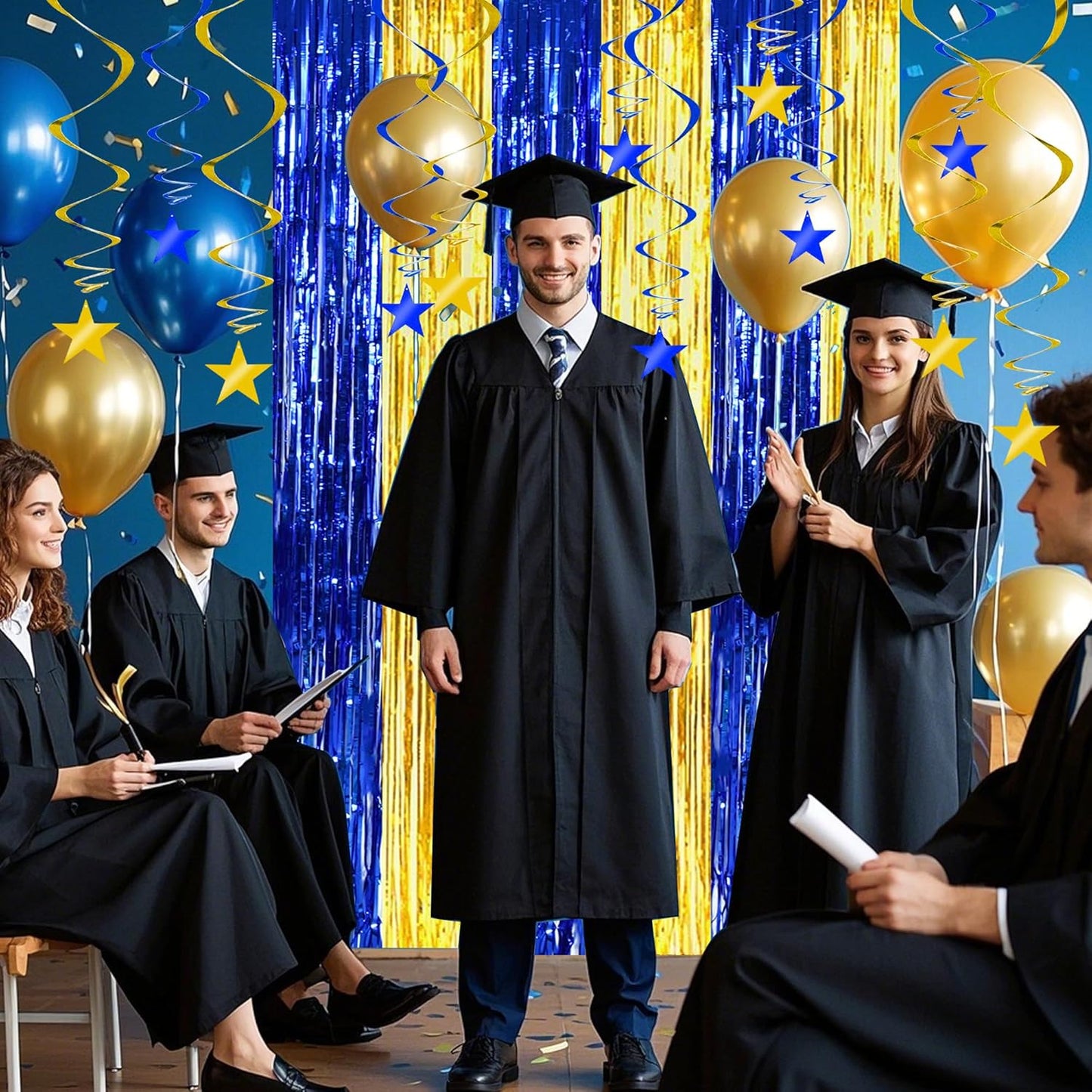 BEISHIDA Blue Gold Stars Hanging Swirls Graduation Hanging Ornament Decorations for Birthday Party Baby Shower Congrats Grade 2025 Graduation Decorations,Pack of 15