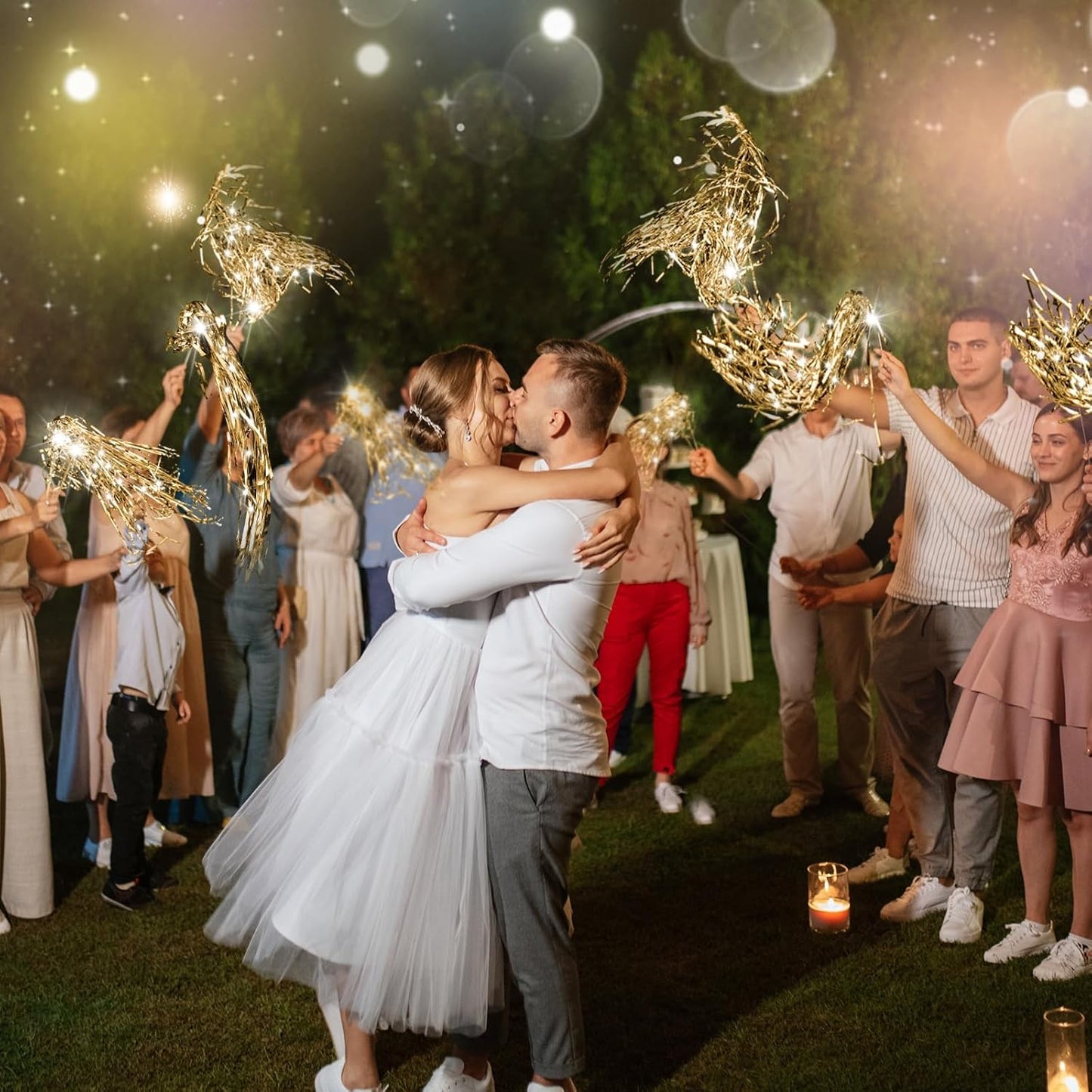 100 Pcs Lighted Wedding Wands LED Tinsel Wands Light up Streamers Sparklers for Wedding Send Off and Exits Birthday Party Props Favors(Champagne)