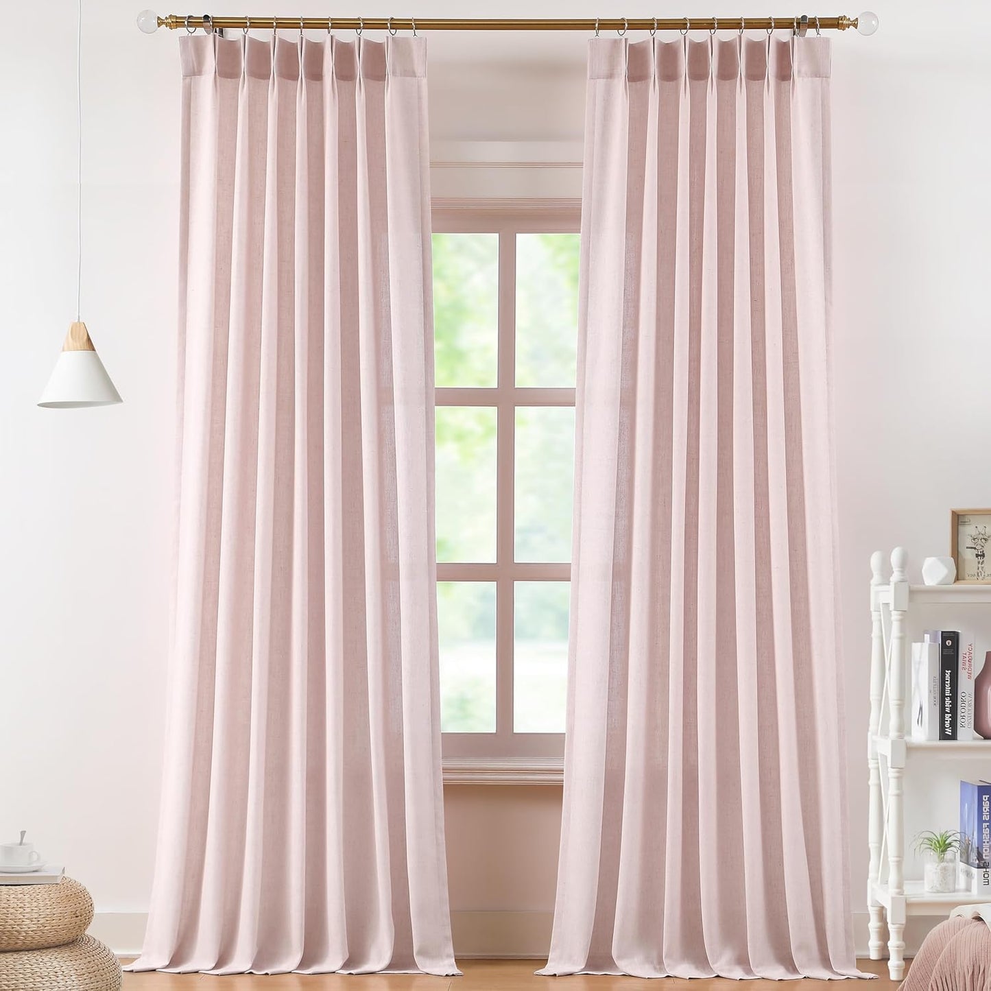 Vision Home Soft Pink Pinch Pleated Semi Sheer Curtains Textured Linen Blended Light Filtering Window Curtains 90 inch for Living Room Bedroom Pinch Pleat Drapes with Hooks 2 Panels 40" Wx90 L