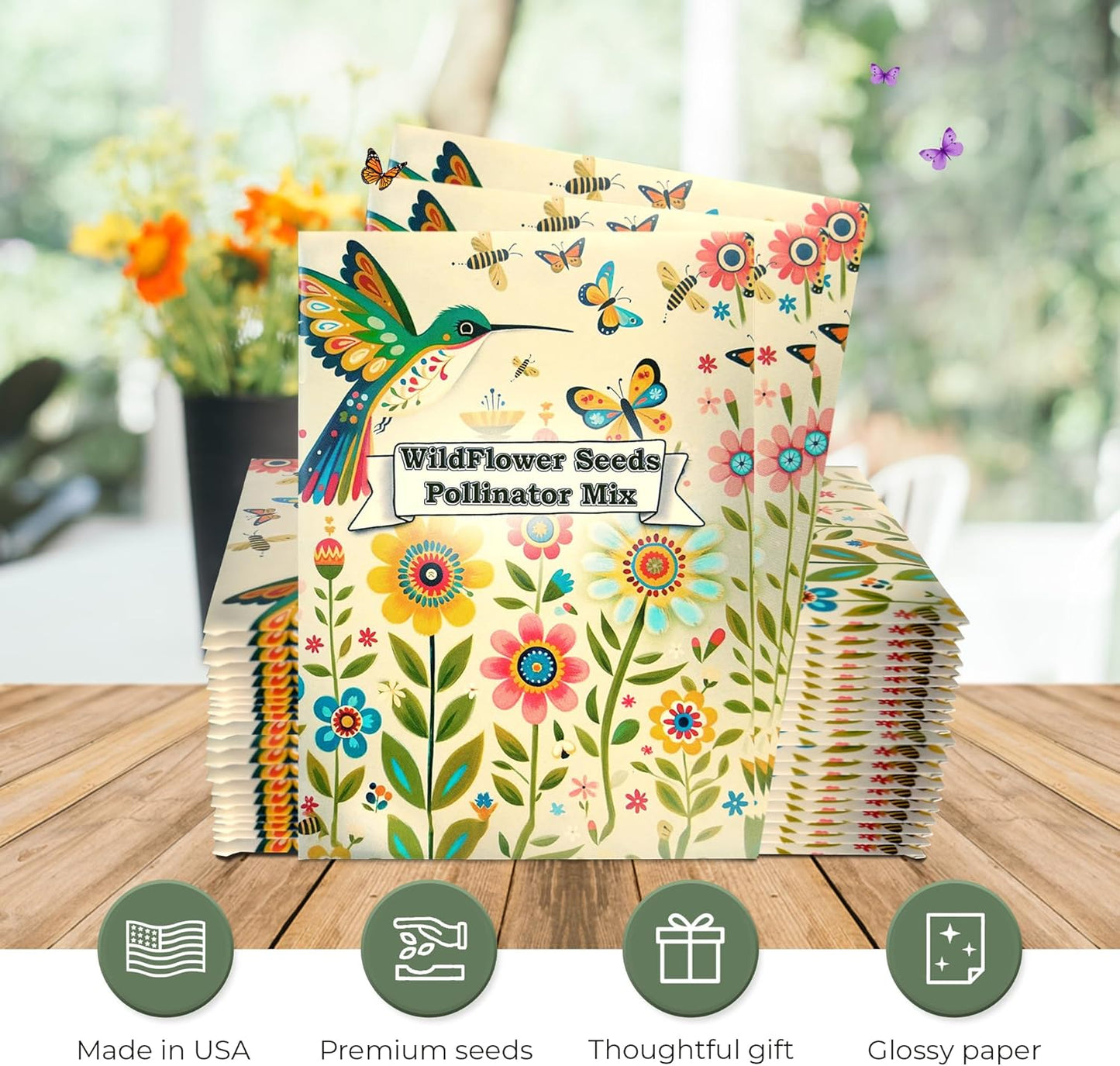 Pollinator Paradise Seed Mix (20 Packs) Seeds Packets for Humming Birds, Butterflies and Bees - Ideal for Wedding Party Favors Bridal Shower School Events Thank You Corporate Event Memorials