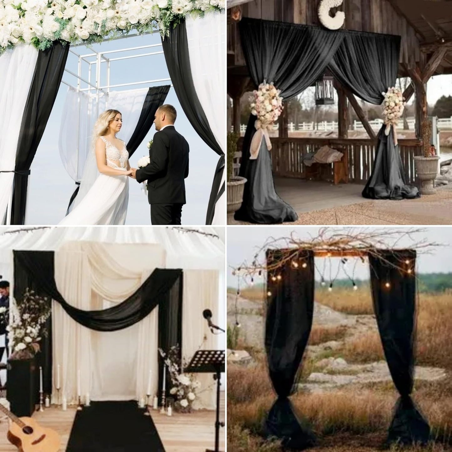 4 Panels Wedding Arch Draping Fabric 28 x 20Ft Chiffon Wedding Arch Drapes Chiffon Fabric Drape Sheer Backdrop Curtain for Weddings Party Ceremony Birthday Reception Swag Backdrop Ceiling Décor(Black)