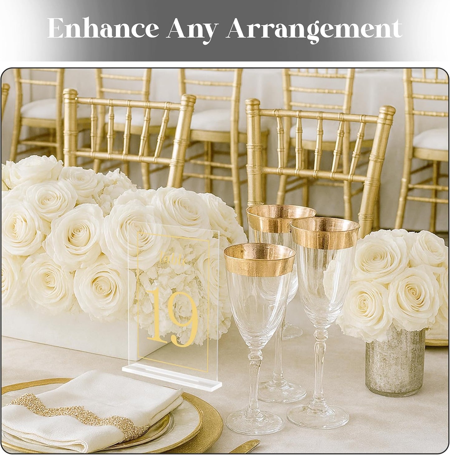 Acrylic Table Numbers 1-20 with Stand, Printed Gold Font on 4x6 inch Acrylic, Clear Table Number Signs and Holders, Centerpiece for Events, Weddings, Reception, Party, Anniversary, and Decoration