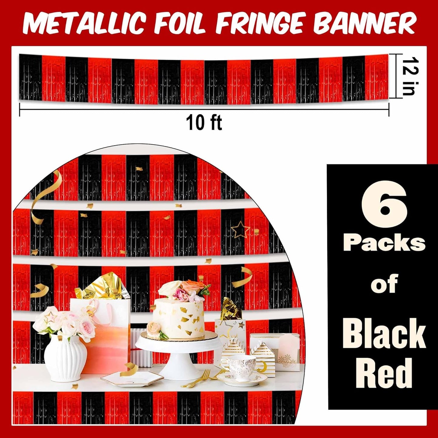6 Pack 10 Ft Black and Red Foil Fringe Garland Metallic Streamers Tinsel Banner Wall Hanging Garland Backdrop for Parade Floats, Halloween, Christmas, Thanksgiving, New Year Party Decorations