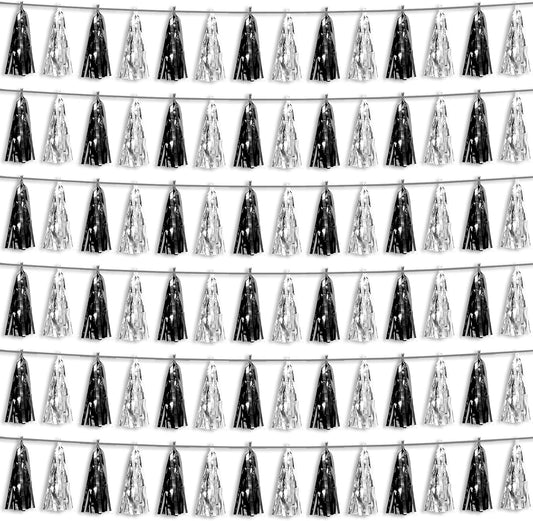 6P Black Silver Foil Fringe Metallic Tassel Streamers Banner Tassel Garland for Parade Floats, Graduation, Wedding, Birthday, Graduation, Christmas, Bridal/Baby Shower Party Decorations