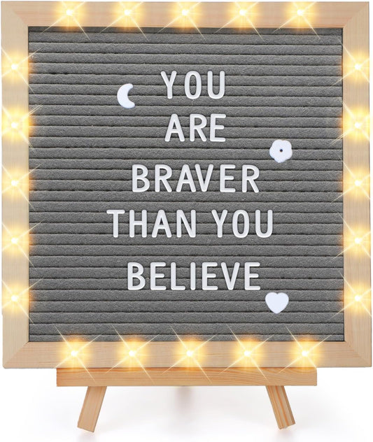 Light up Changeable Felt Letter Board Sign with LED Lights - 10×10" Message Board & Wood Stand & 450 Letters, for Halloween/Birthday/Event/Pregnancy/Baby Announcement/Home Wall Decor Gifts, Grey