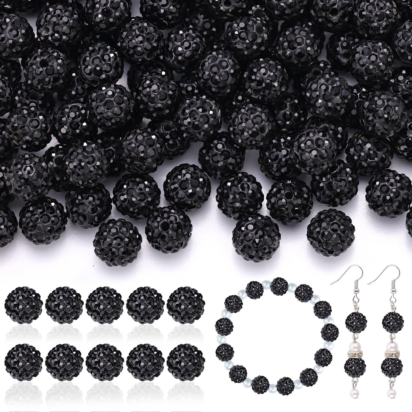 105pcs 10mm Rhinestone Beads for Jewelry Making, Black Shiny Round Disco Ball Beads Bulk, Sparkle Crystal Clay Christmas for Bracelet Baseball Necklace Earring Crafting and DIY