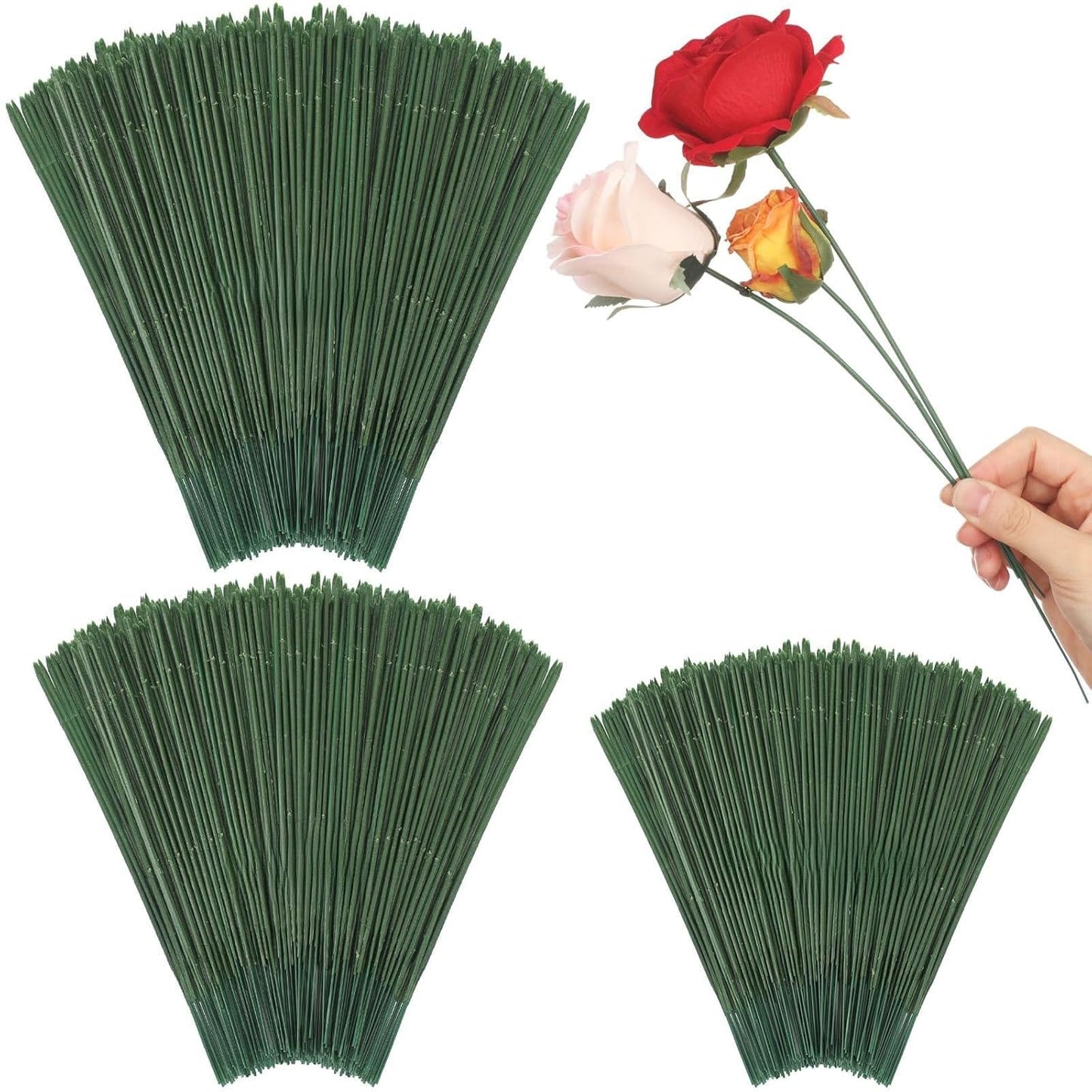 300pcs Artificial Flower Stems, 6.7in、8in、10in Plastic Green Floral Wire Stems for Artificial Flower Making, DIY Crafts Bouquet Stem Arrangements Decor Supplies