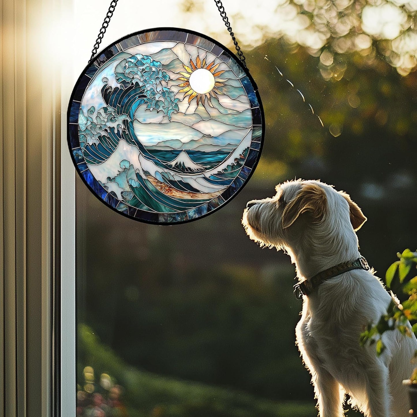 Stained Glass Window Hanging - White Sun Big Wave Suncatcher for Door Terrace Garden Home Decor Blue Ocean Landscape Sun Catcher Birthday Gifts for Lovers Women Men Dad Mom Nana 11.8 in