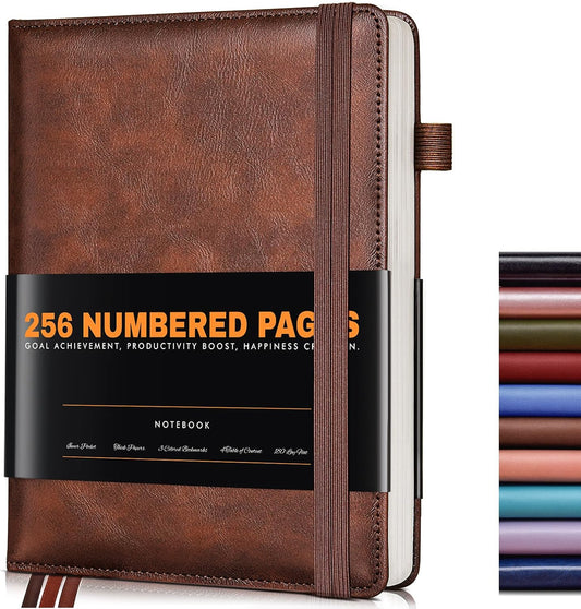 Lined Journal Notebook for Women Men, 256 Numbered Pages Hardcover Leather Journals for Writing, A5 Journaling Notebooks, College Ruled Journal for Business Work School Note Taking 5.75" x 8.38" Brown
