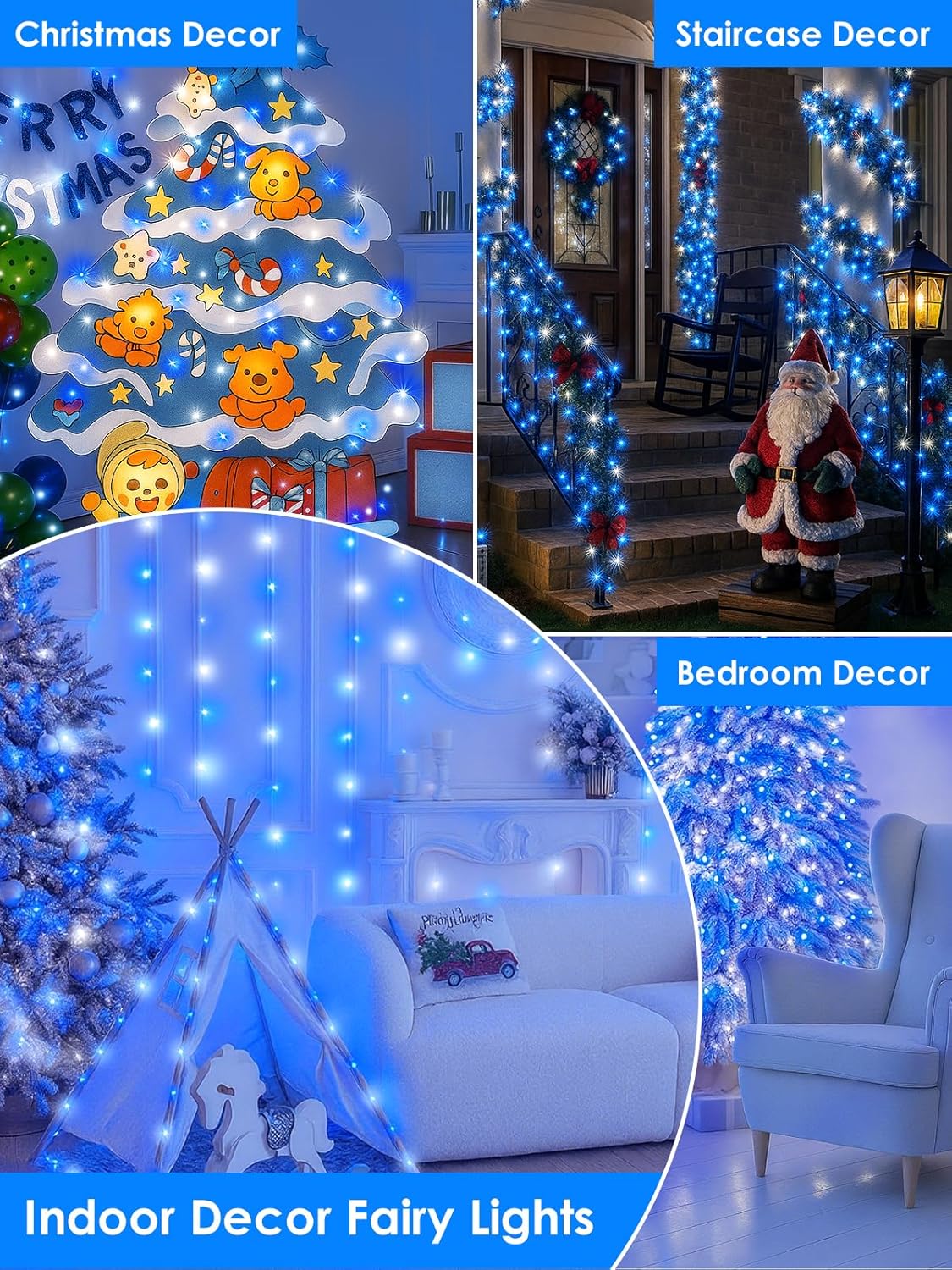 66Ft 200 LED Fairy Lights Plug in, Waterproof String Lights Outdoor & Indoor 8 Modes Christmas Lights Bedroom Decor, Timer Twinkle Light for Girl's Room Garden Party Christmas Decorations (Blue&White)