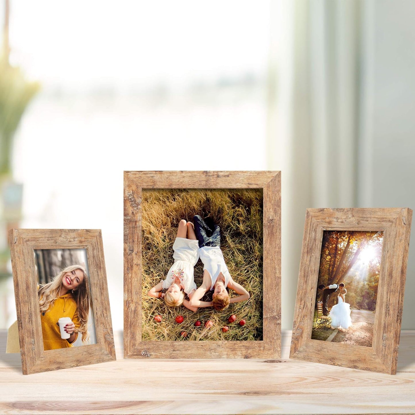 4x6 Picture Frame Set of 4, High Definition Real Glass Rustic Brown Frame, 4 x 6 Wood Photo Frames for Tabletop Display and Wall Mounting