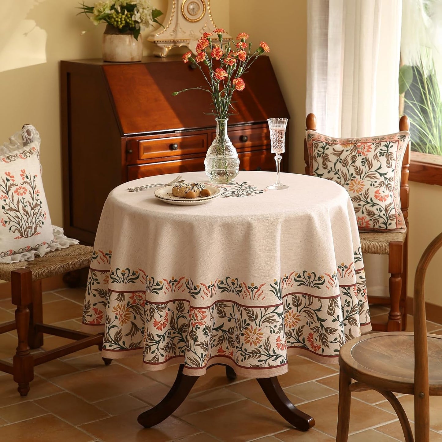 ISAENNE Floral Tablecloth for Round Tables,Linen Table Cloth with Double-Edged Lily Pattern,Heavy Durable Table Cover for Dining Thanksgiving Kitchen Decor Party Christmas,Diameter 55"