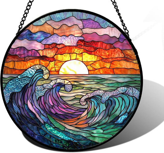 Stained Glass Window Hanging, Clouds and Sea Waves Suncatcher Diamond Glass Panel Hangings Scenery Sun Catchers Decor for Birthday for Women, Men, Wife, Aunt, and Mom 9.8 in