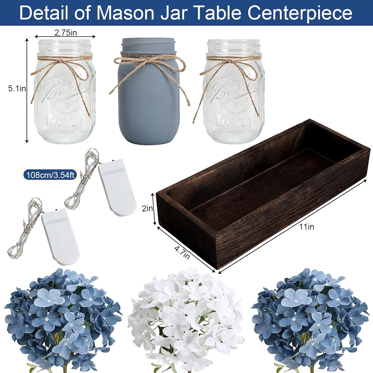 Mason Jar Lights Centerpiece Table Decor for Dining Room Farmhouse Coffee Table Decor with Wood Tray Fairy Lights Fake Hydrangea Flowers for Kitchen Living Dining Room - Blue White